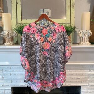 Tolani Floral Print Woven Kaftan Kimono Style Butterfly Short Sleeve Top Size XS